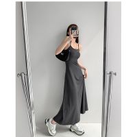 【YF】 2023 Summer Grey Dress Womens Straps Sleeveless Sexy Korean Fashion Black Suspender Simple Temperament Mom Long Dresses