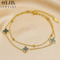 OYJR สร้อยข้อมือใบโคลเวอร์ แบบสองชั้น ข้อมือสแตนเลสชุบทอง 18k สำหรับผู้หญิง ไม่ลอกดำ