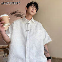 MAYCHEER   เสื้อเชิ้ตแขนสั้นสีขาวสำหรับผู้ชาย,เสื้อเชิ้ตแฟชั่นแขนครึ่งแขนสัมผัสหรูหราฤดูร้อน