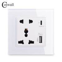 Coswall เต้ารับต่อประสาน Type-C 18W 4000ma แผงผนังกระจกอัจฉริยะ,เต้าเสียบสายไฟ5ขาพร้อม Usb