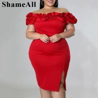 Plus Size Ruffle Off Shoulder Bodycon Party Club Dress Women 4XL Summer Strapless Backless Evening Bandage Formal Birthday Dress Barware