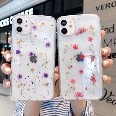 「Enjoy electronic」 Dry Flower Transparent Phone Case For iphone 11 12 Pro Max XS X XR 6S 7 8 Plus SE 2020 12Mini Glitter Soft Shockproof Back Cover