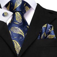 Hi Tie Designer Navy Blue Paialey Silk Wedding Tie For Men Gift Mens Necktie Handky Cufflink Set Fashion Business Party Dropship