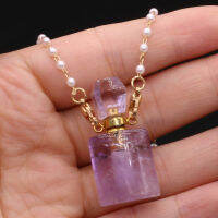 Natural Amethyst Stone Pendant Sweet Pearl Beads Chain Rectangle Perfume Bottle Necklaces For Girls Party Jewelry Accessories