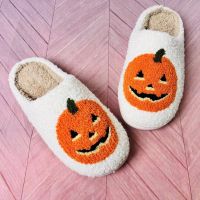 Candy Corn Lantern Slippers for Women Pumpkin Color Design Short Plush Sock Non-slip Comfy Home Slippers Fluffy Fur Woman Shoes