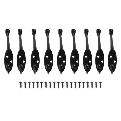 9 Pack heavy duty Coat Hooks Wall Mounted for Hat hardware Dual Prong Retro Coat Hanger with 20 Screws Black Color