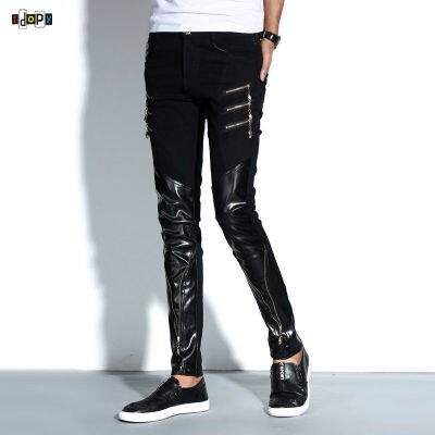 แฟชั่นผู้ชายไนท์คลับ DJ กางเกง Skinny Patchwork PU หนังกางเกงซิป Punk สไตล์กางเกงสีดำสำหรับผู้ชาย