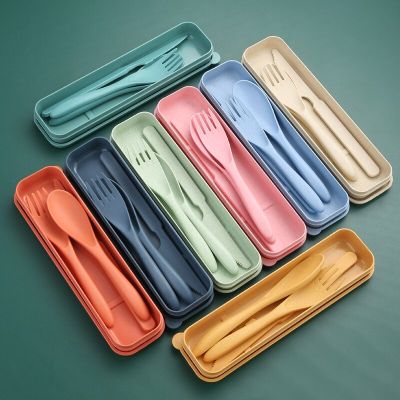 Spoon Fork Knife Wheat Straw Cutlery Set 3PCS With Box Portable Travel Lunch Tableware Students Dinnerware Kitchen Accessories Flatware Sets