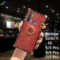 JieFie เคสโทรศัพท์เพชรสี่เหลี่ยมแวววาวสำหรับ Realme 5i / 6i / 7i / 5S / 5 / 6 / 6 Pro / 7 / 9 Pro หลังนิ่มขอบแข็งที่ป้องกันคลุมหลังเต็มตัวเคสที่มีห่วงขาตั้ง