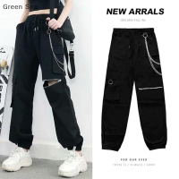 Green sea lazlook กางเกงฤดูร้อนฤดูใบไม้ผลิผู้หญิง Harajuku Slim Punk Ribbon Joggers ยางยืดเอวข้อเท้า-ความยาวกางเกงสำหรับสาวๆ