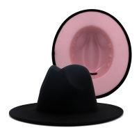 Handmade Womens Black Pink Bottom Wool Felt Flat Fedora Hats Vintage Elegant Wide Brim Top Jazz Caps Party Trilby Cowboy Cap