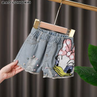 BAOLONGXIN Celana Pendek Denim เด็กผู้หญิง,กางเกงเกาหลีหลวมกางเกงลำลองการ์ตูนกางเกงร้อนเด็ก