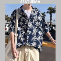 SEATUEMA เสื้อแขนสั้นพิมพ์ลายสำหรับผู้ชาย,เสื้อลำลองเสื้อชายหาดฮาวายเสื้อลายดอกไม้ทรงหลวมเสื้อสไตล์ฮาวายสำหรับผู้ชายเสื้อแขนสั้นลายดอกสไตล์ไทย