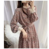 AIMEIBEAUTY Autumn and winter lace trim long-sleeved floral dress