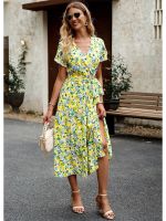 Floral Dress Women 2023 Summer New Fashion Temperament Casual Holiday Beach Dress V Neck Slim Short Sleeve Dress Feminina