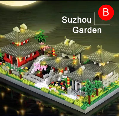 บล็อกตัวต่อเพชร Suzhou Garden Model Dream Castle Cruise Chinese Traditional Great Wall With Light DIY Kit Kids Toys