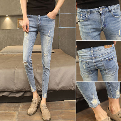Fashion 2021 Spring Autumn Stretch Leg Ripped Tights Skinny Jeans Hole Grey Social Ankle Jeans Pants Cowboy For Men Trousers