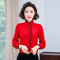 White Chiffon Women Shirts Office Lady Button Up Shirt Folds Long Sleeve Blouse Women Tops Camisas Mujer