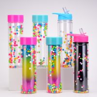 【YP】 2023 cross-border new creative gradient rainbow double-layer water bottle sealed leak-proof cute POM ball straw cup