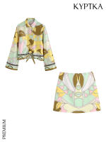 TRAF ashion With Bow Tied Printed Shirts And High Waist Mini Skirt Female Two Pieces Sets Mujer