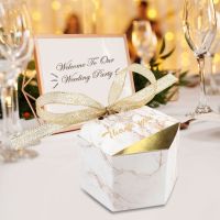 【YF】☒♙  Our Warm Marble Wedding Favor Boxes Gold Hexagonal Chocolate Treat with