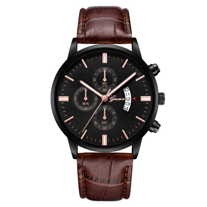 kingtop-นาฬิกา-geneva-สำหรับผู้ชาย-627หน้าปัดนาฬิกาสีดำขัดผิวหรูหราแฟชั่นหนังสเตนเลสนาฬิกาข้อมือธุรกิจของผู้ชาย2019