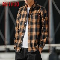 [High-end clothing} RUIHUO เสื้อเชิ้ตแขนยาวขนแกะผ้าฝ้ายเข้ารูปเสื้อเชิ๊ตชายลายสก็อตลำลองแฟชั่น M-3XL ยี่ห้อไซส์พิเศษ2023ฤดูใบไม้ผลิใหม่