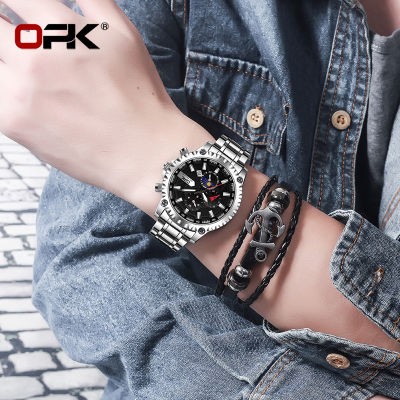 OPK นาฬิกาข้อมือหรูหราสำหรับชายสีดำขายเดิมโลหะกันน้ำไม่ขึ้นสนิม Mens นาฬิกาวันที่เจิดจรัสชั่วโมงมือใหม่ Creative Dial Cool แฟชั่นเงิน/สีดำ