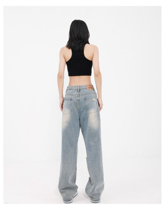 ken-studio-กางเกงยีนส์ไล่ระดับสีขาดน้ำสำหรับผู้หญิงกางเกงขากว้างทรงหลวมทรงตรงแบบใหม่สำหรับฤดูใบไม้ผลิและฤดูร้อน