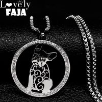 French Bulldog Chihuahua Pug Schnauzer Dog Crystal Necklace Stainless Steel Silver Color Statement Necklace Jewelry bijoux femme