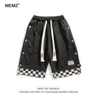 2023 New Fashion version MEMZ tide brand side-breasted high street casual shorts mens Hong Kong style summer splicing plaid student all-match sweatpants