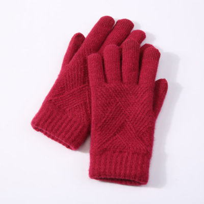 Men Women Winter Warm Knit Full Finger Mittens Female Solid Woolen Touch Screen Thick Velvet Warm Cycling Driving Gloves H46