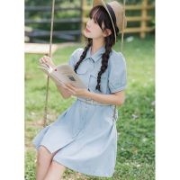 เสื้อผ้าแฟชั่นสำหรับสุภาพสตรี [send belt] little pure and fresh and new short-sleeved dress female Japanese shirt skirt gentle wind to collect waist skirt