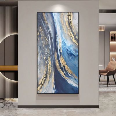 ศิลปะบนผนังขนาดใหญ่ภาพวาดพื้นหยาบบนพิมพ์ภาพแคนวาสภาพโมเดิร์นแอปสแตก Bule ฟอยล์สีทอง Painting สำหรับห้องนั่งเล่น0717
