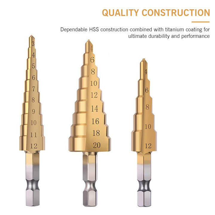 nishore HSS 4PCS Titanium Step Drill Bit Set High Speed Steel Drill