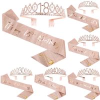 Girls Birthday Party Decoration 18 21 30 40 50 Rose Gold Satin Sash Crystal Crown Tiara Happy Birthday Anniversary Party Supply