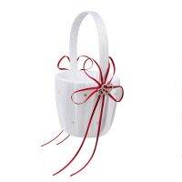 3X Double Heart Wedding Flower Girl Basket White Satin Rhinestone Decor Red Wedding Ceremony Party Favor