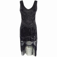 KKWomen S 1920S Sequin Beaded Tassels Hem Flapper Dress แขนกุดสีดำเงินเย็บปักถักร้อย Fringe Great Gatsby Party Dressq11