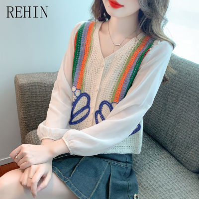 REHIN เสื้อแฟชั่นโครเชต์คอวีสำหรับผู้หญิง,ใหม่เสื้อคาร์ดิแกนแขนยาวทรงหลวมมีรูระบายอากาศสายรุ้ง2023ฤดูใบไม้ร่วง