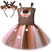 Princess Girl Flower Deer Tutu Dress for Kids Reindeer Halloween Costume Baby Girls Birthday Christmas Dresses with Bow Headband