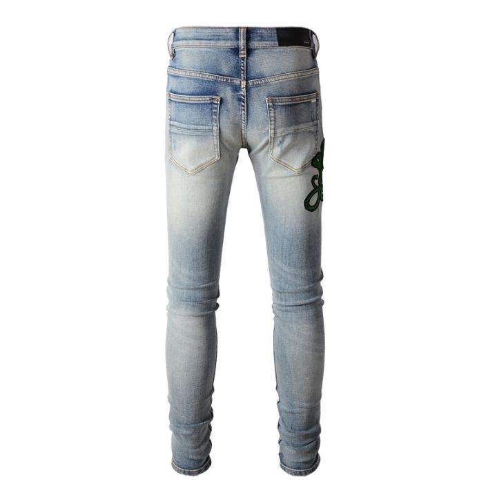 trendamiri-street-fashion-man-jeans-กางเกงยีนส์สีน้ำเงินสลิมฟิตงูเห่าเย็บปักถักร้อยพิมพ์กางเกงยีนส์เทรนด์ของผู้ชาย