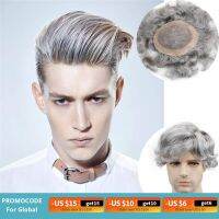 Mens Toupee European Human Hair Replacement Wigs Mono Lace with PU Around 6"x8" for Man 20% 1B Black Hair Mixed 80% Grey Color Gift ของขวัญ