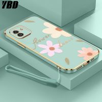 YBD เคสโทรศัพท์ชุบโลหะด้วยไฟฟ้าขอบตรงสำหรับ Samsung A03 A04 A04E F14 เคสที่มีความแม่นยำเคสกล้องลวดลายดอกไม้เคสแถมฟรีสายคล้อง