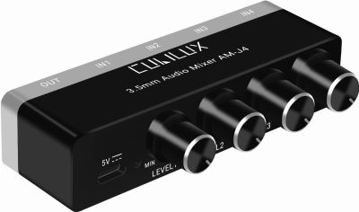 Cubilux 4-Channel 3.5mm Audio Mixer, Ultra-Low-Noise Mini Audio Mixer for Sub-Mixing, 1/8” 4 Channel Audio Switcher DC 5V, Suitable for Smartphone Audio System, Guitars, Bass, Keyboards