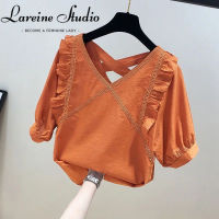 (M-4XL)LAREINE เสื้อผู้หญิงแขนสั้นเสื้อคอวีเสื้อยืดขนาดใหญ่ทรงหลวมสไตล์เก๋ไก๋เกาหลีเสื้อเปิดหลัง