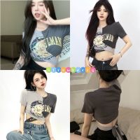 ?พร้อมส่ง?เสื้อครอป สไตล์เกาหลี เซ็กซี่ เสื้อยืดสกรีนลาย แขนกุด เปิดหลังผ้ายืดใส่กับอะไรก็เซ็กซี่ มาใหม่ เสื้อครอปสายฝอ