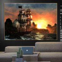 Sunset Fantasy Pirate Ship เรือใบ Sea Art ภาพวาดผ้าใบ Nautical Line โปสเตอร์ตกแต่งบ้าน