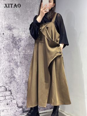 XITAO Dress Asymmetrical Patchwork Strap Dress Fashion Loose Solid Color Women Dress