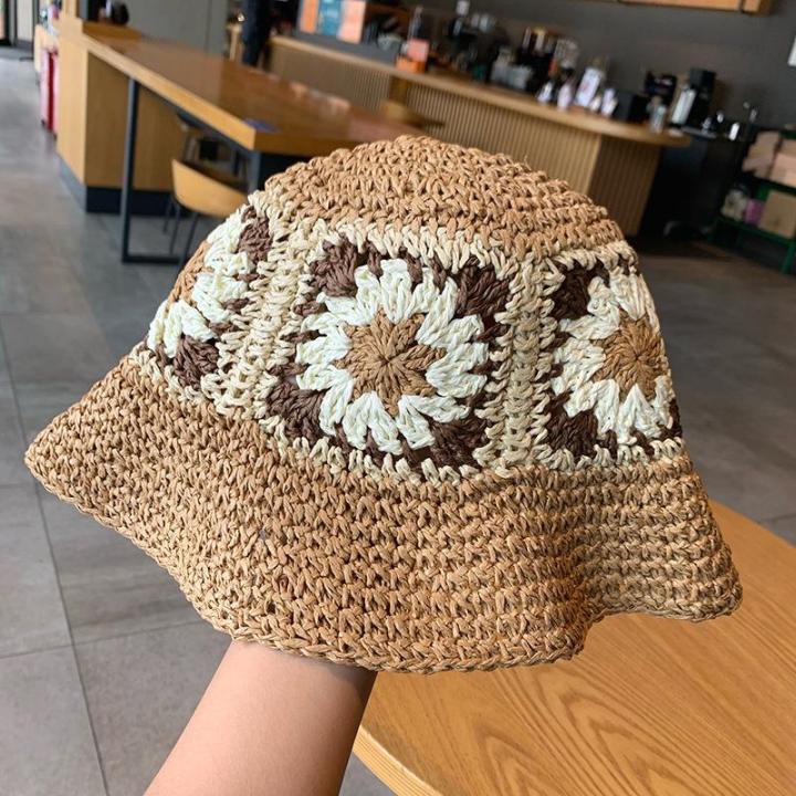 hot-summer-outdoor-paper-straw-hat-women-beach-holiday-sun-wide-brim-hand-woven-flowers-daisy-bucket-straw-hat