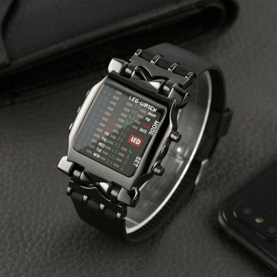 【July hot】 version of black alloy digital binary luminous watch male and female students simple led technology